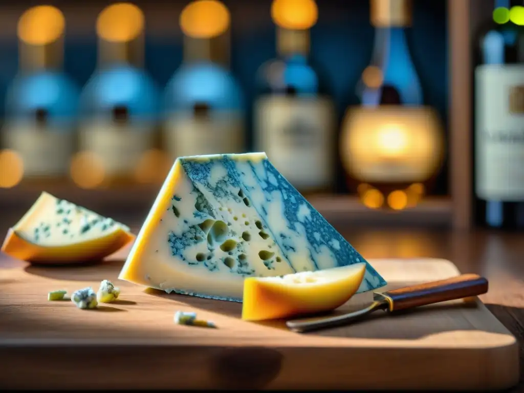 Delicado maridaje de quesos azules y vinos dulces: Roquefort con Sauternes en una tabla rústica, bañados por la cálida luz del sol