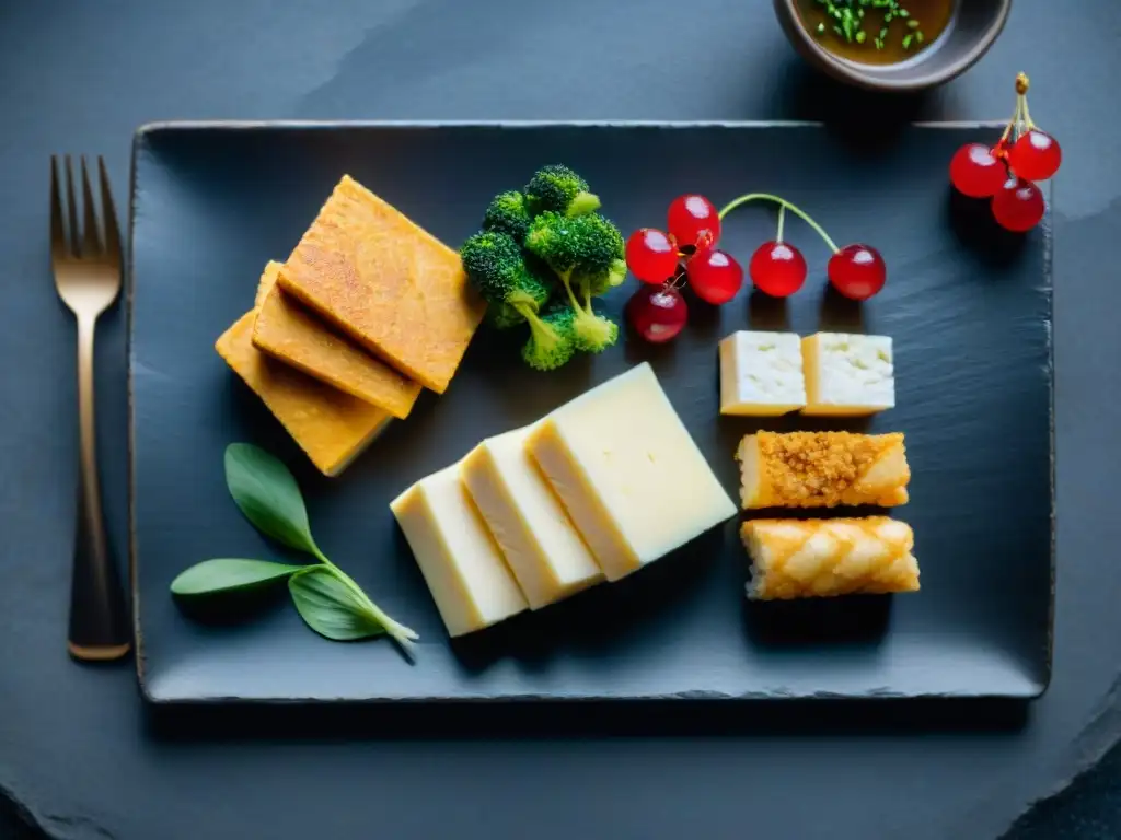 Delicado menú de tofu japonés en pizarra negra, resaltando la versatilidad y sofisticación del tofu en alta cocina