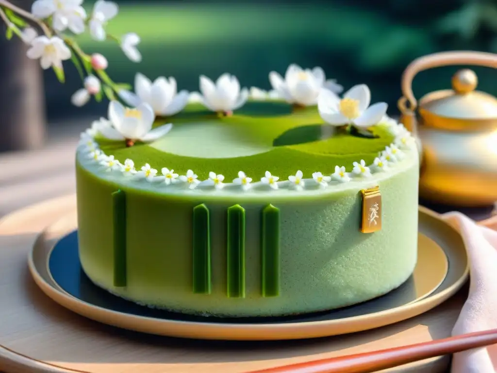 Delicado pastel japonés de té matcha con decoración de sakura y oro, en un jardín japonés sereno