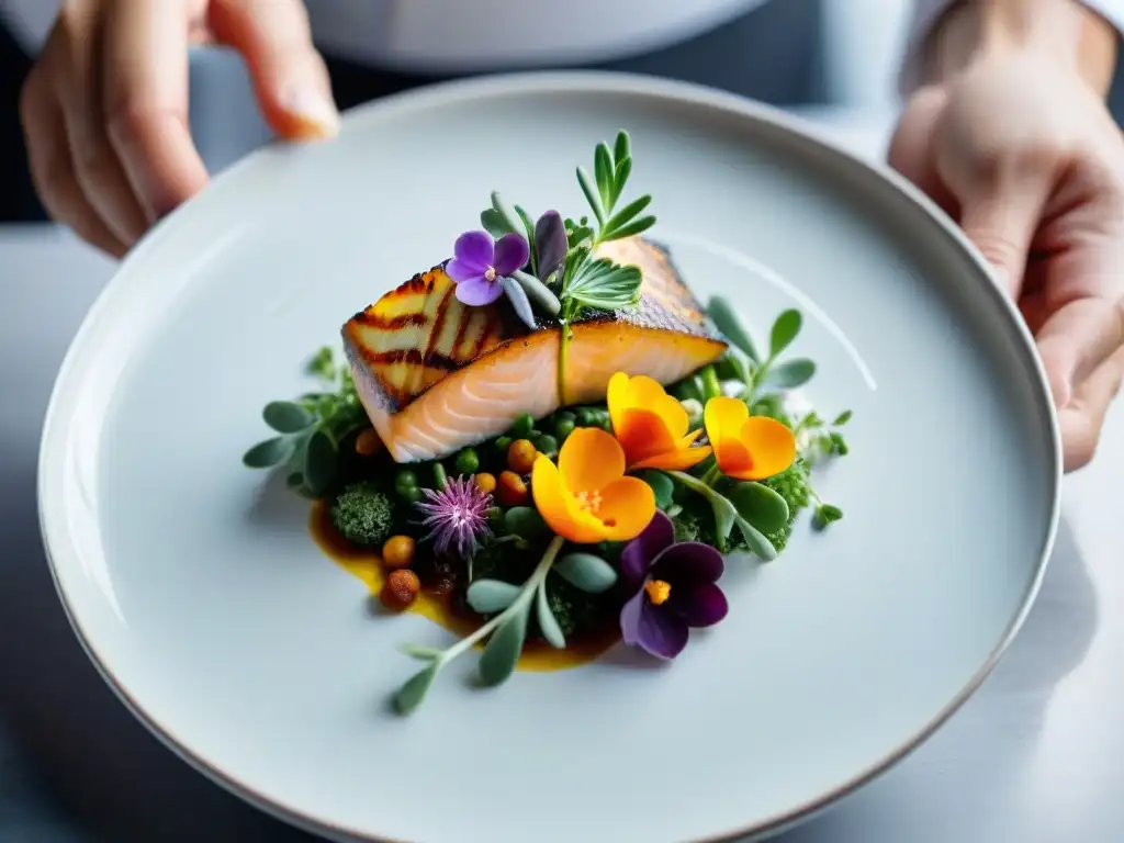 Delicado plato gourmet con Bacalao Negro Ártico, rodeado de microgreens morados, bayas de espino amarillo y flores comestibles