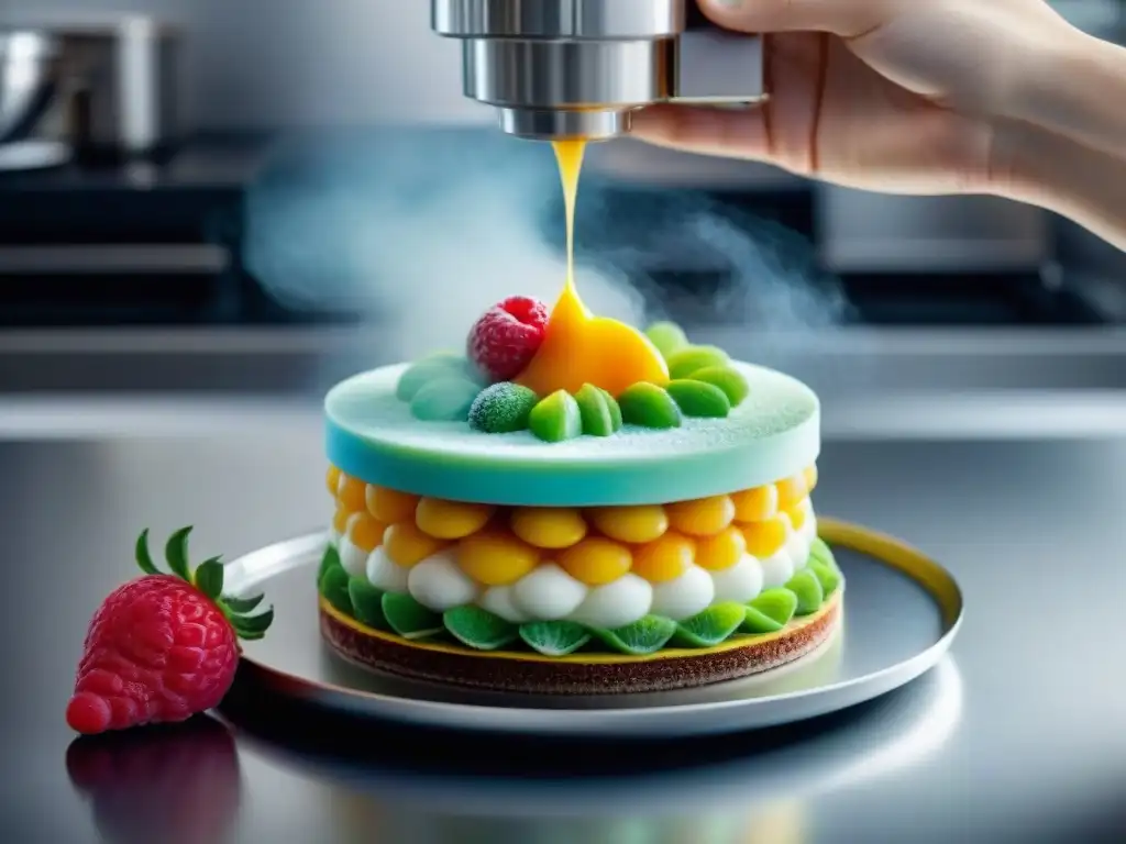 Delicado postre creado con impresión 3D en gastronomía sensorial, en cocina futurista