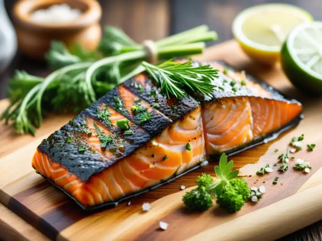 Delicado salmón a la parrilla con hierbas frescas y técnicas de envolturas con hierbas en tabla de madera rústica