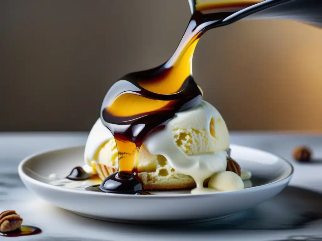 Delicado vinagre balsámico en postres: exquisita reducción sobre helado de vainilla, un contraste visualmente impresionante