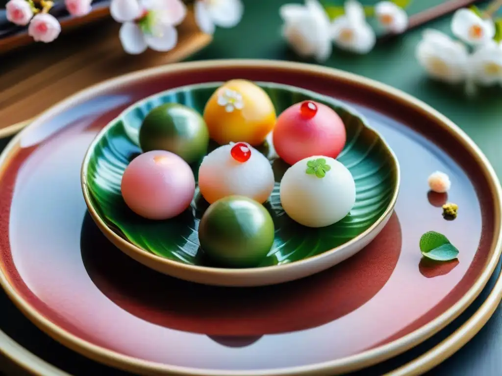Dangos de colores: exquisitez japonesa en cerámica Delicados Dangos gourmet en plato cerámico japonés con diseño de flores de cerezo