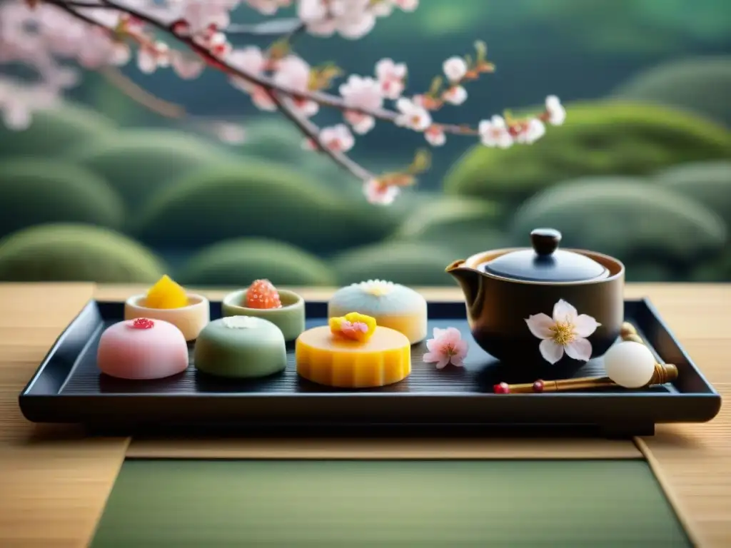 Delicados dulces japoneses Wagashi en un bello jardín con té verde