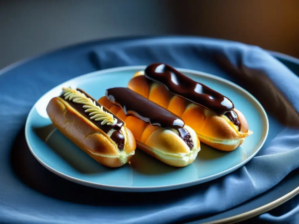 Delicados eclairs gourmet parisinos en mesa elegante, arte y elegancia en repostería francesa