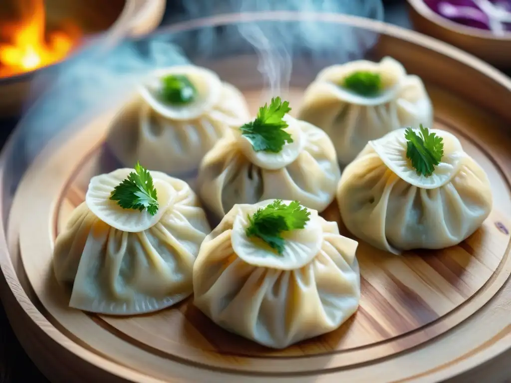 Delicados momos nepalíes humeantes en plato rústico con hierbas frescas y especias