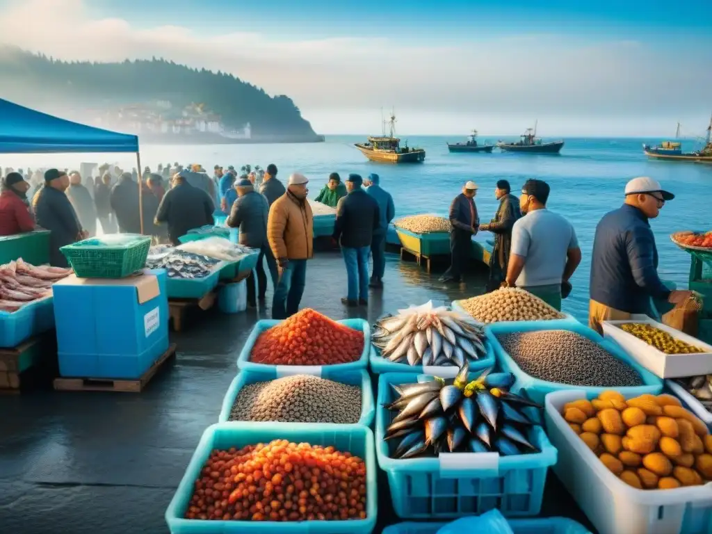 Delicias del Mar en un bullicioso mercado de pescado con pescadores locales vendiendo mariscos frescos en un encantador pueblo costero