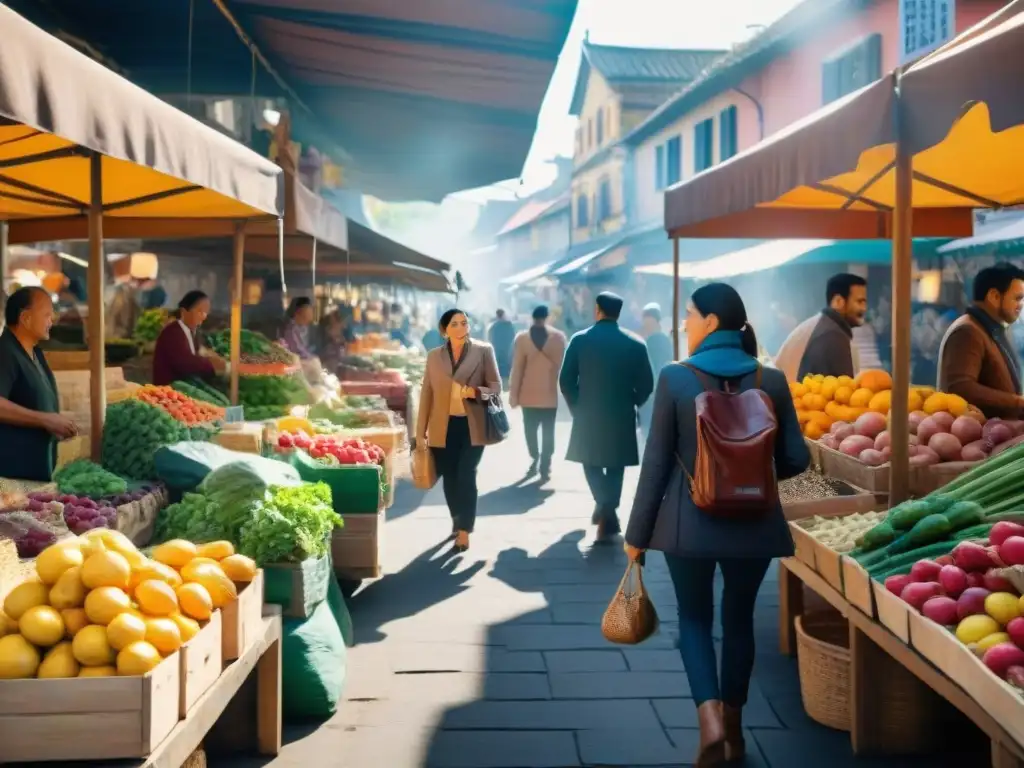 Descubre las delicias de los mercados locales en esta escena vibrante llena de color y actividad