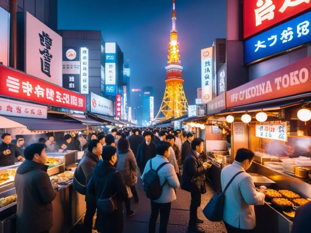 Delicias nocturnas Tokio recorrido gourmet: bulliciosa calle nocturna de Tokio con puestos de comida y Tokyo Tower de fondo