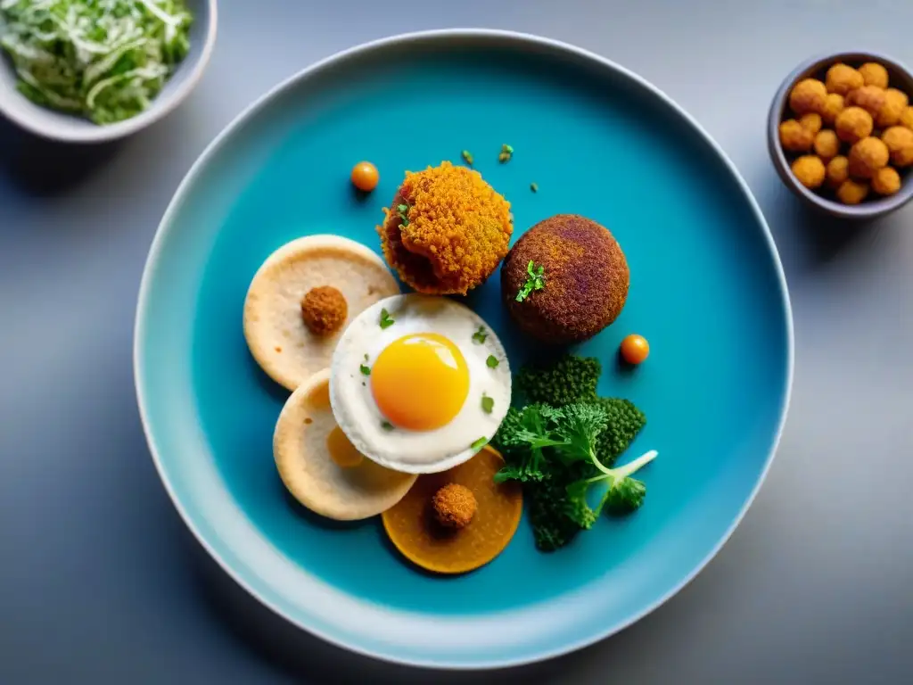 Delicias de la nueva cocina árabe: plato fusionado con hummus, falafel y baklava, presentado con creatividad y colores vibrantes