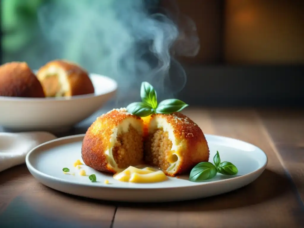 Delicias rellenas de Sicilia gourmet: Arancini dorado cortado revela interior cremoso de risotto y mozzarella derretida