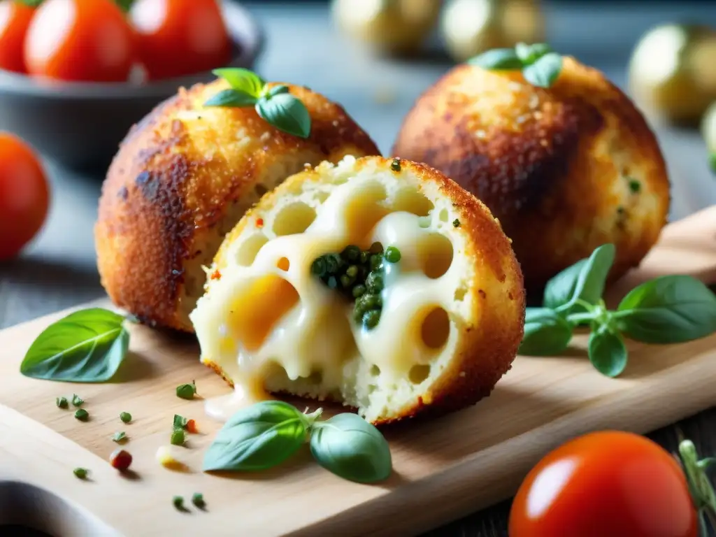 Delicias rellenas de Sicilia gourmet: Arancini dorado y crujiente, relleno de risotto cremoso con queso derretido y hierbas frescas, en tabla rústica