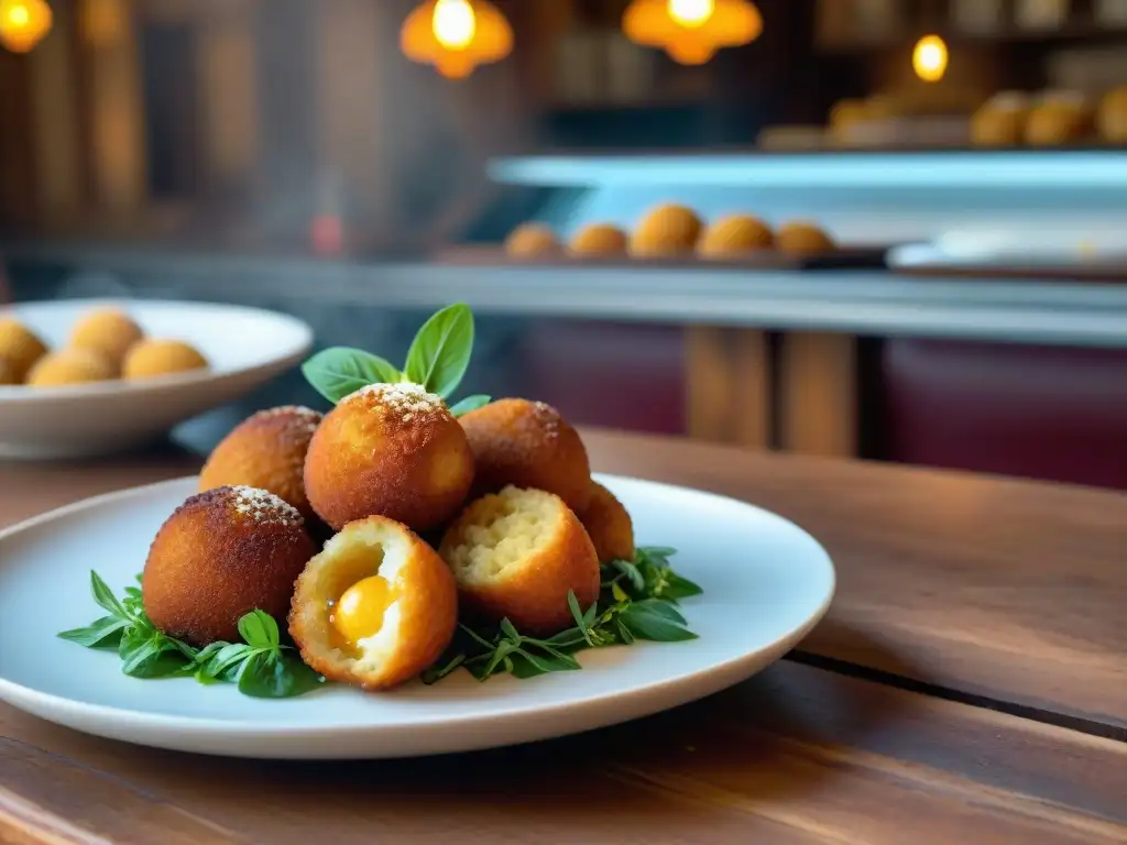 Delicias rellenas de Sicilia gourmet: Arancini dorados y crujientes, obra maestra culinaria en una trattoria siciliana