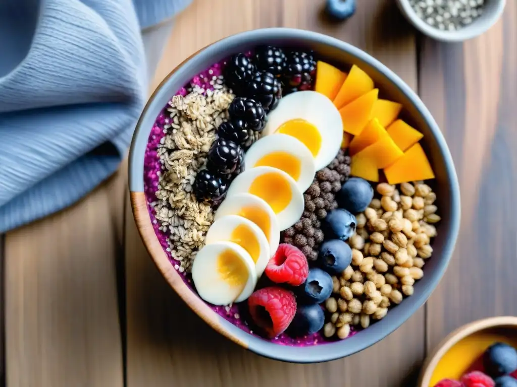 Deliciosa bowl de açaí con frutas frescas y semillas, sobre mesa de madera