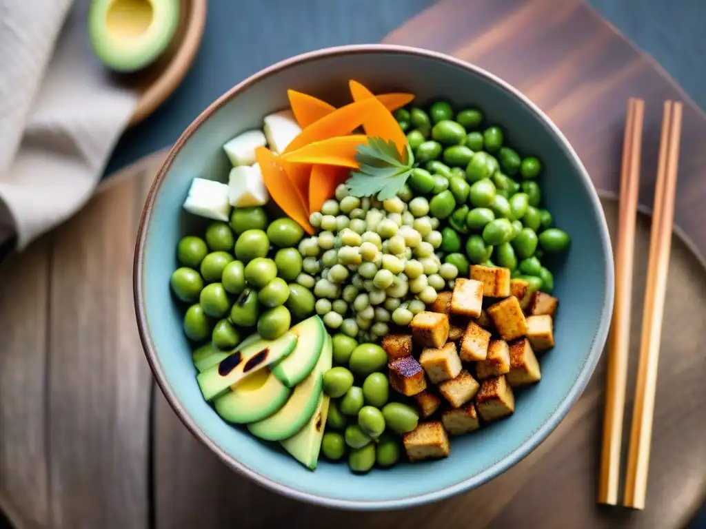 Deliciosa fusión cocina asiática dieta vegana en vibrante Buddha bowl con tofu, edamame, vegetales encurtidos y aguacate, sobre mesa de madera rústica