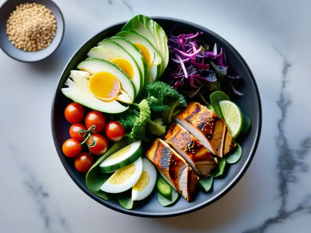 Deliciosa ensalada asiática gourmet con ingredientes frescos y coloridos en plato de piedra negro sobre fondo blanco