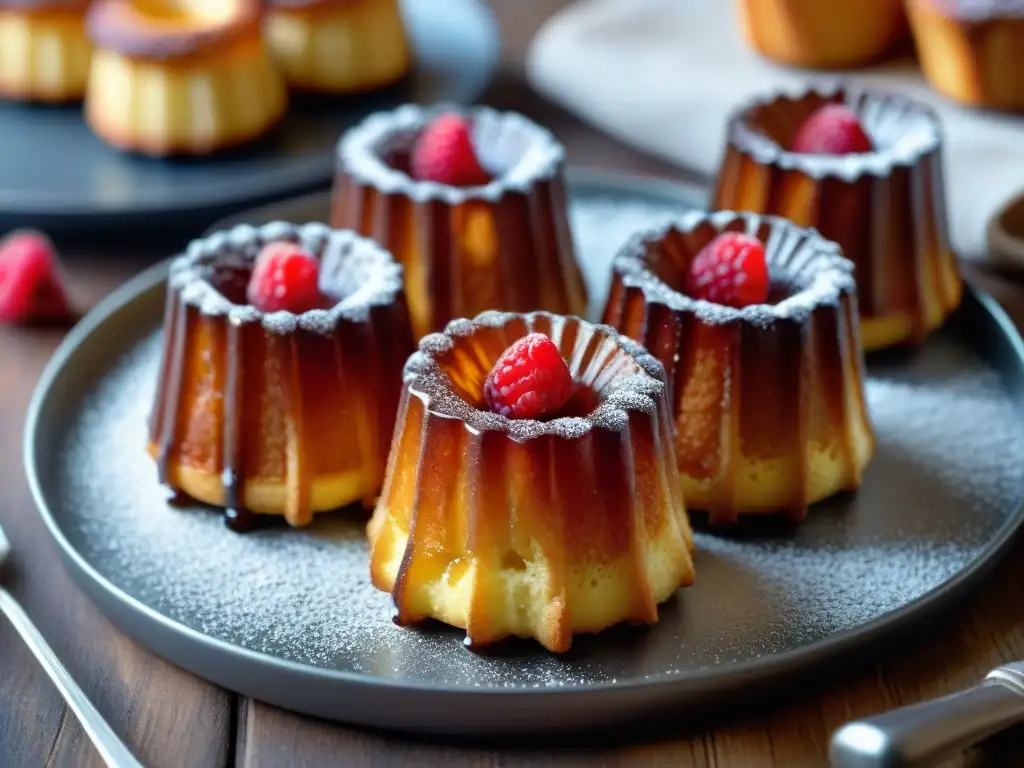 Deliciosa bandeja de Canelés de Burdeos receta gourmet, con su crujiente corteza dorada y centro suave, adornados con frambuesas frescas y azúcar glas