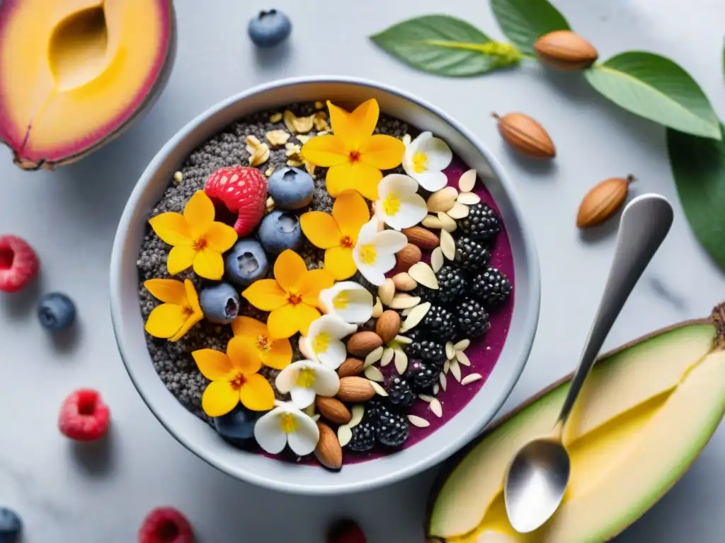 Deliciosa presentación de un bowl de açai con frutas, nueces y flores comestibles en un elegante mostrador de mármol