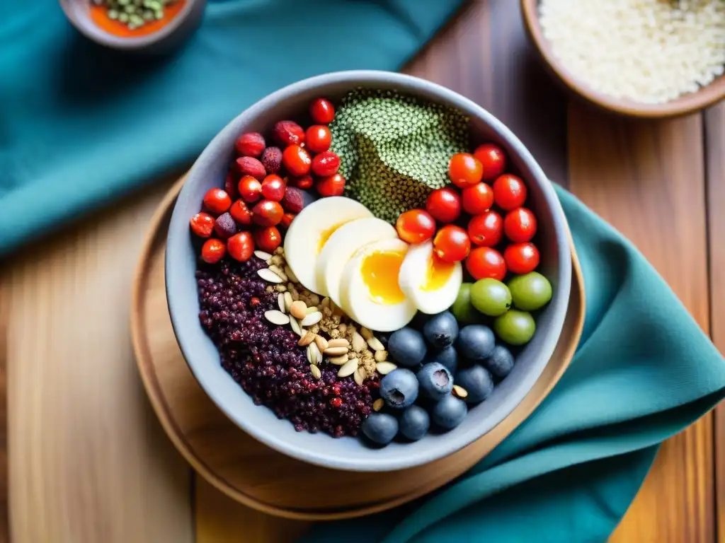 Deliciosa acai bowl con superfoods gourmet piel radiante en mesa de madera y fondo de vegetación