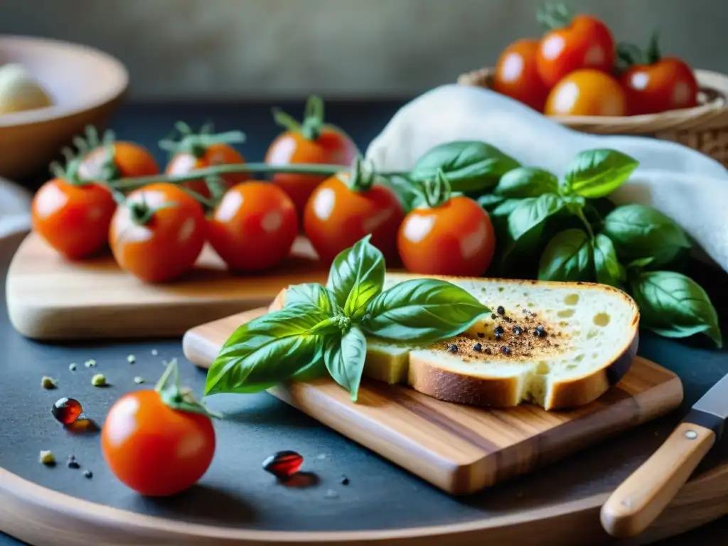 Deliciosa mezcla de ingredientes frescos en tabla de cortar rústica Deliciosa bruschetta italiana gourmet con tomate, albahaca, ajo y pan en tabla de madera rustica