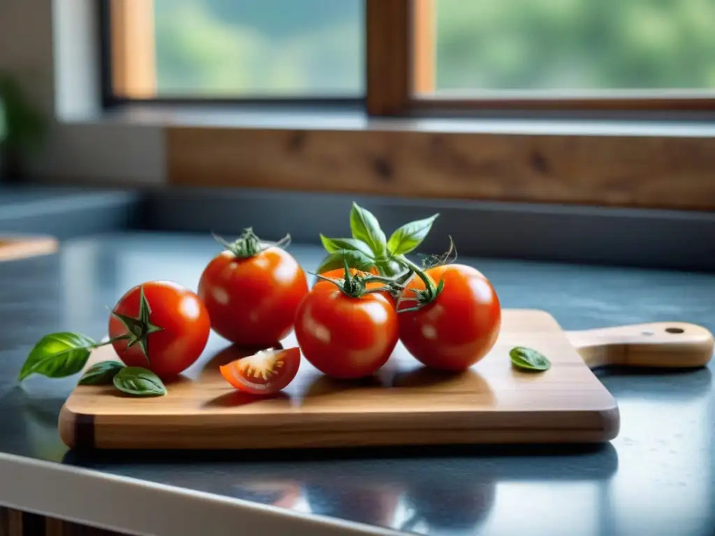 Tabla de cortar rústica con tomates y albahaca en cocina italiana Deliciosa bruschetta italiana gourmet con tomates, albahaca, ajo, aceite de oliva y sal, en una cocina tradicional italiana