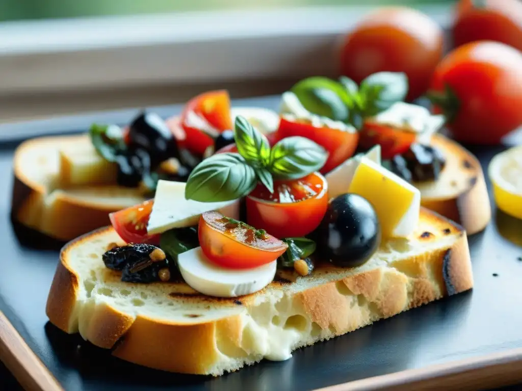 Deliciosas bruschettas de tomate, mozzarella y albahaca en mesa rústica Una deliciosa bruschetta italiana gourmet receta fácil en mesa rústica