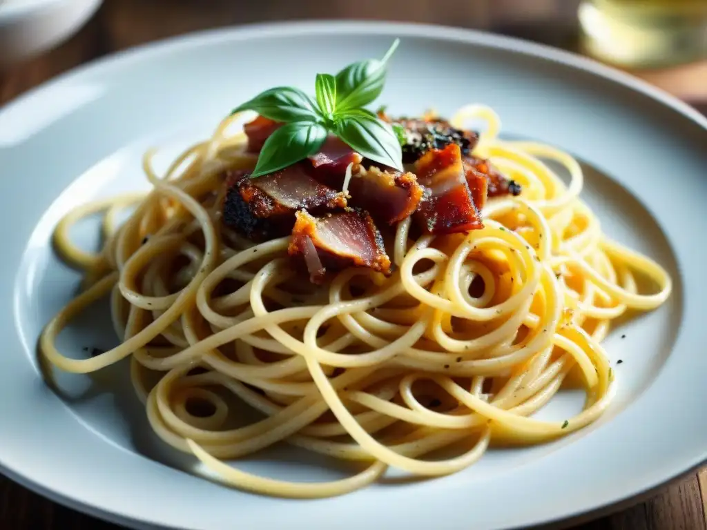 Una deliciosa carbonara con panceta crujiente y queso parmesano, en una mesa de madera iluminada por luz natural