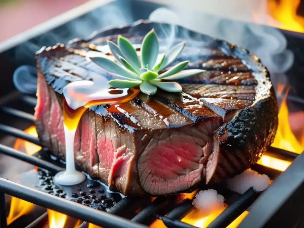 Deliciosa carne perfectamente cocida en la parrilla, acompañada de una cerveza dorada, ideal para un maridaje cerveza carne perfecta