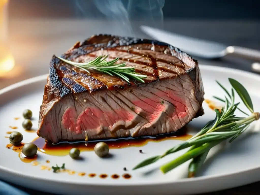 Deliciosa carne cultivada como cambio paradigma: jugoso filete a la parrilla con hierbas frescas en un hiperrealista closeup