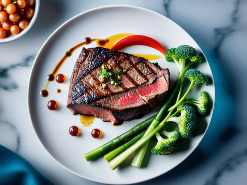 Deliciosa carne cultivada en laboratorio con beneficios para la salud, jugosa y perfectamente cocida en un plato blanco junto a verduras frescas