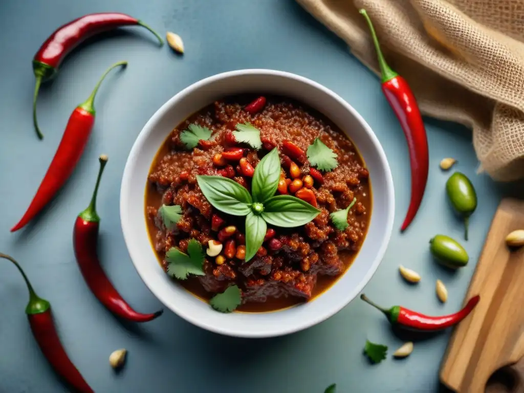 Una deliciosa salsa macha casera en un cuenco, con chiles, ajo y nueces en una base roja brillante