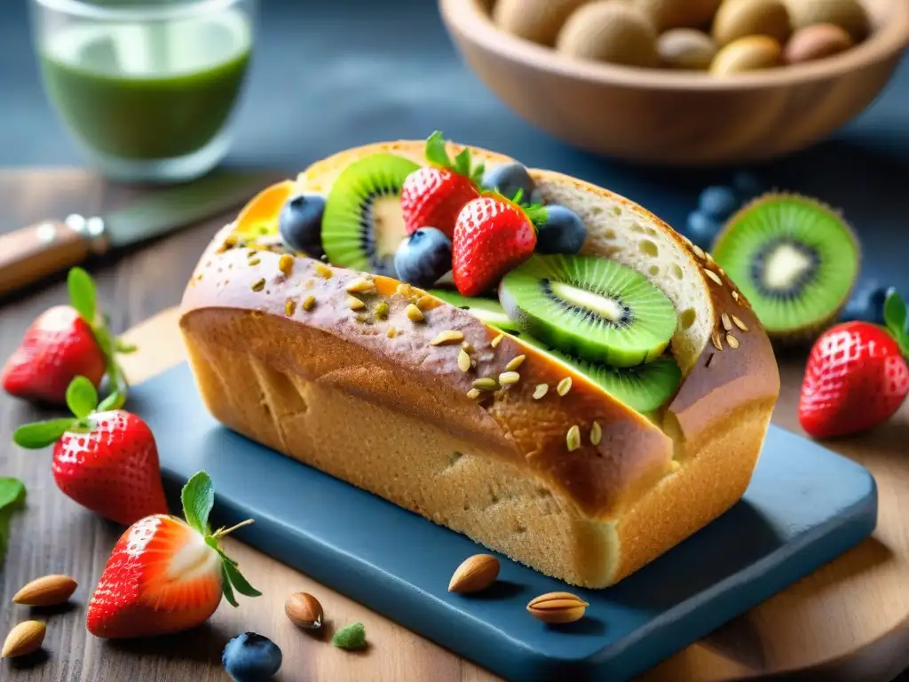 Una deliciosa y colorida composición de frutas, nueces, semillas y pan recién horneado en tabla de madera rústica