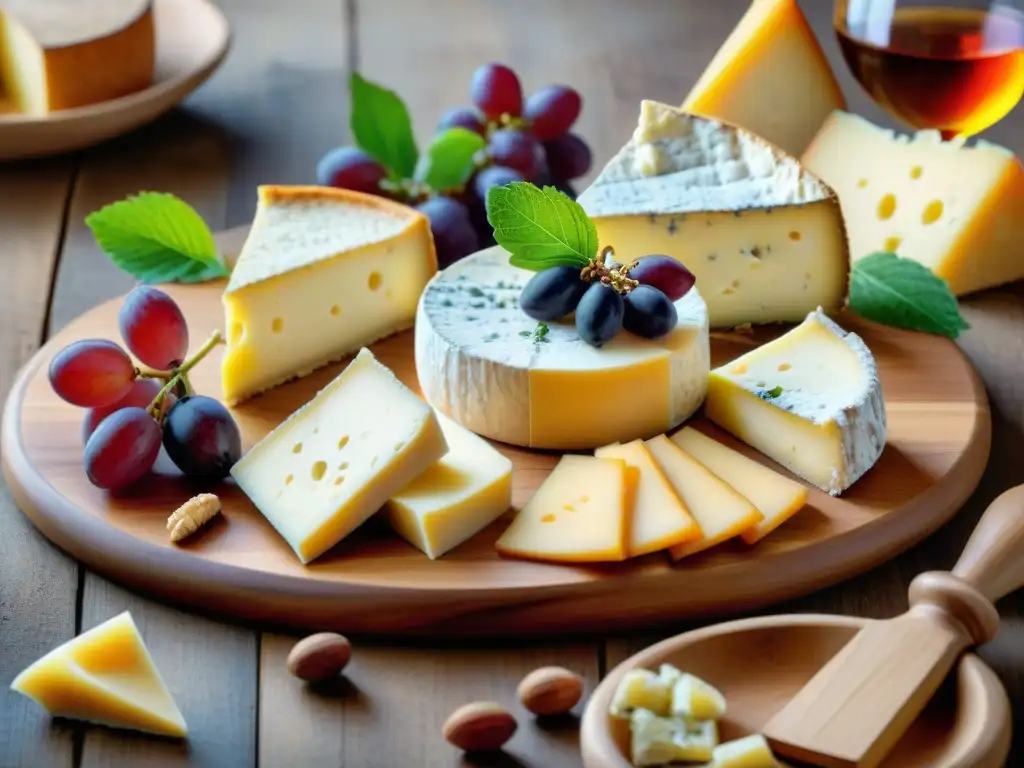 Una deliciosa degustación de quesos artesanales franceses gourmet en una tabla rústica de madera