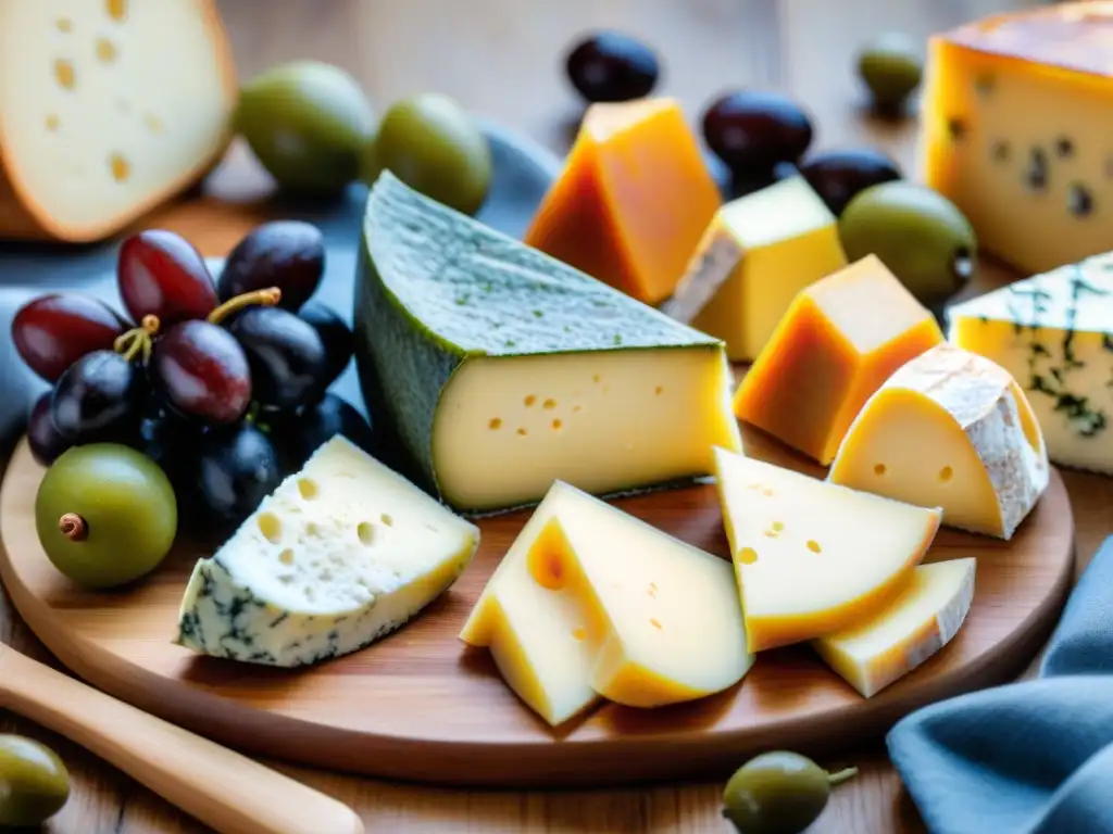 Una deliciosa degustación de quesos artesanales internacionales en una tabla de madera finamente presentada, con variedad de texturas y colores