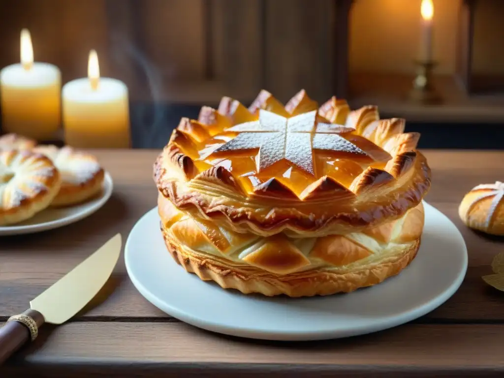 Una deliciosa Galette des Rois dorada con almendras, coronada, en una panadería francesa acogedora