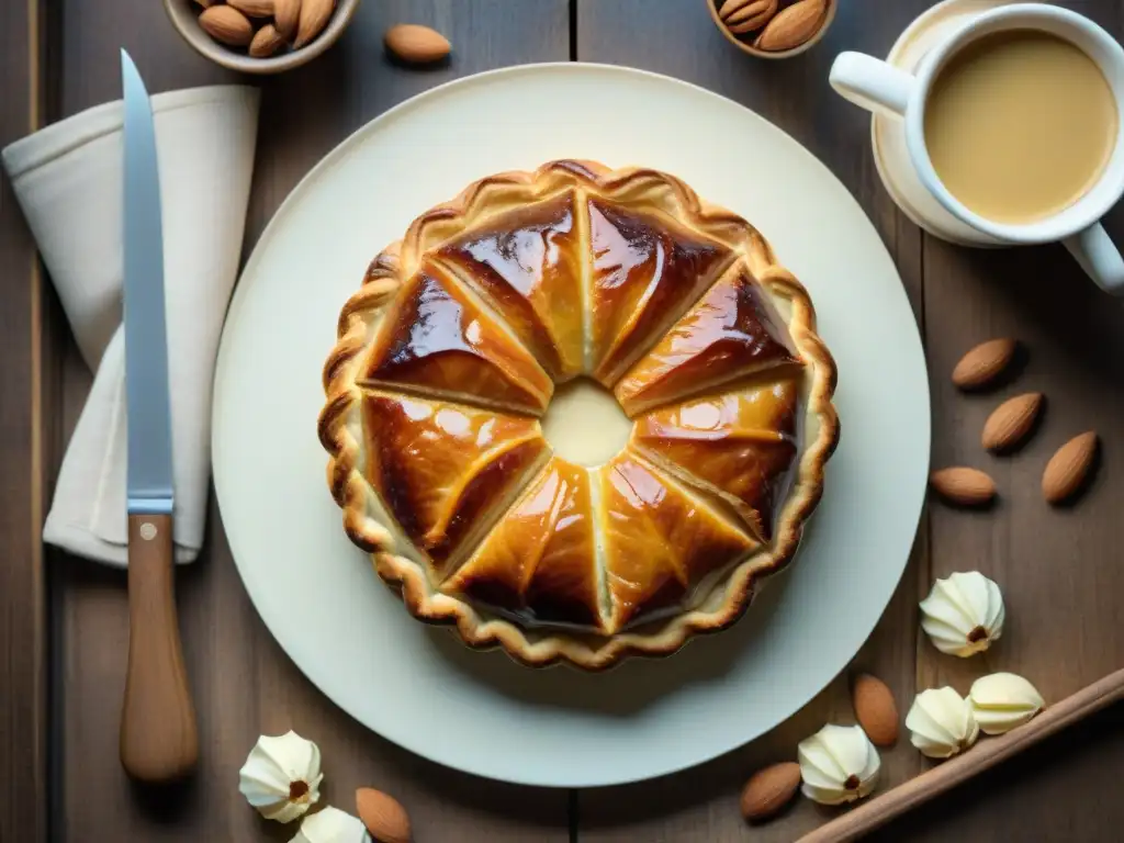 Deliciosa Galette des Rois francés, dorada y decorada con una corona de almendras, sobre una mesa rústica con café