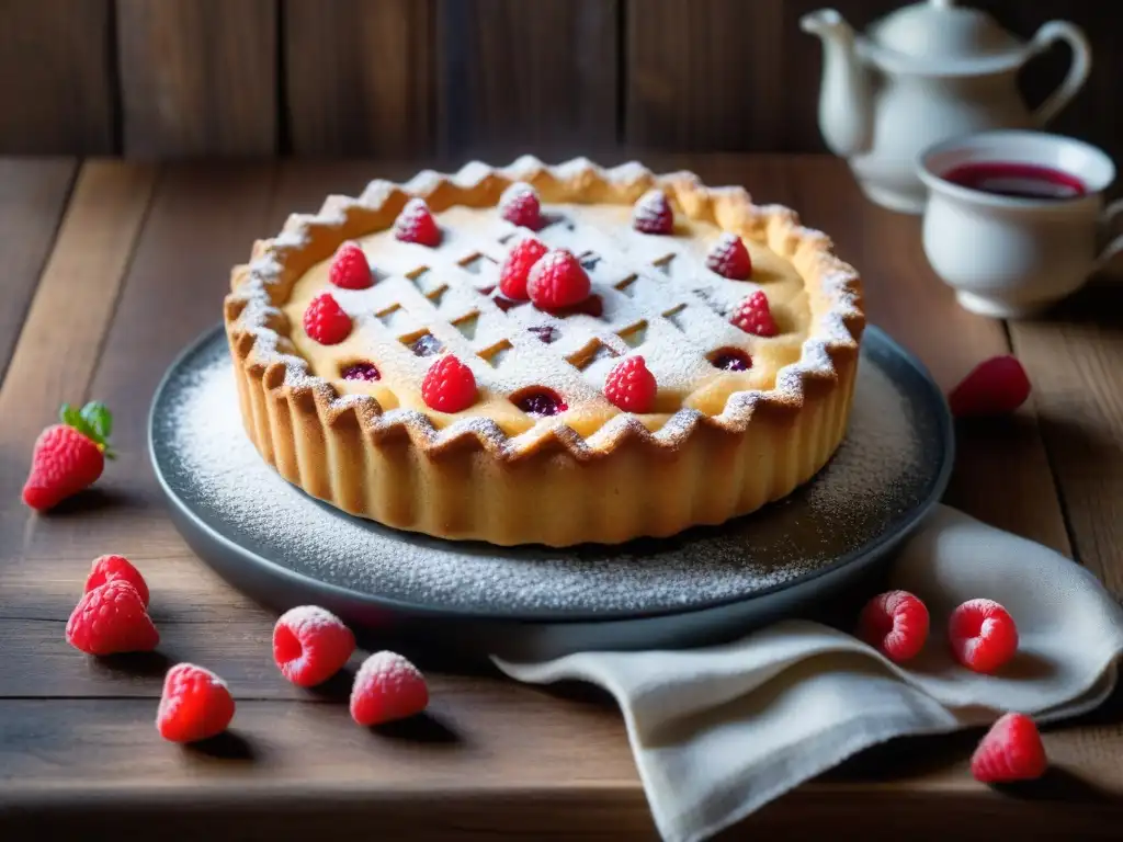 Deliciosa Linzer Torte dorada con frambuesas frescas y crema, sobre mesa de madera rústica