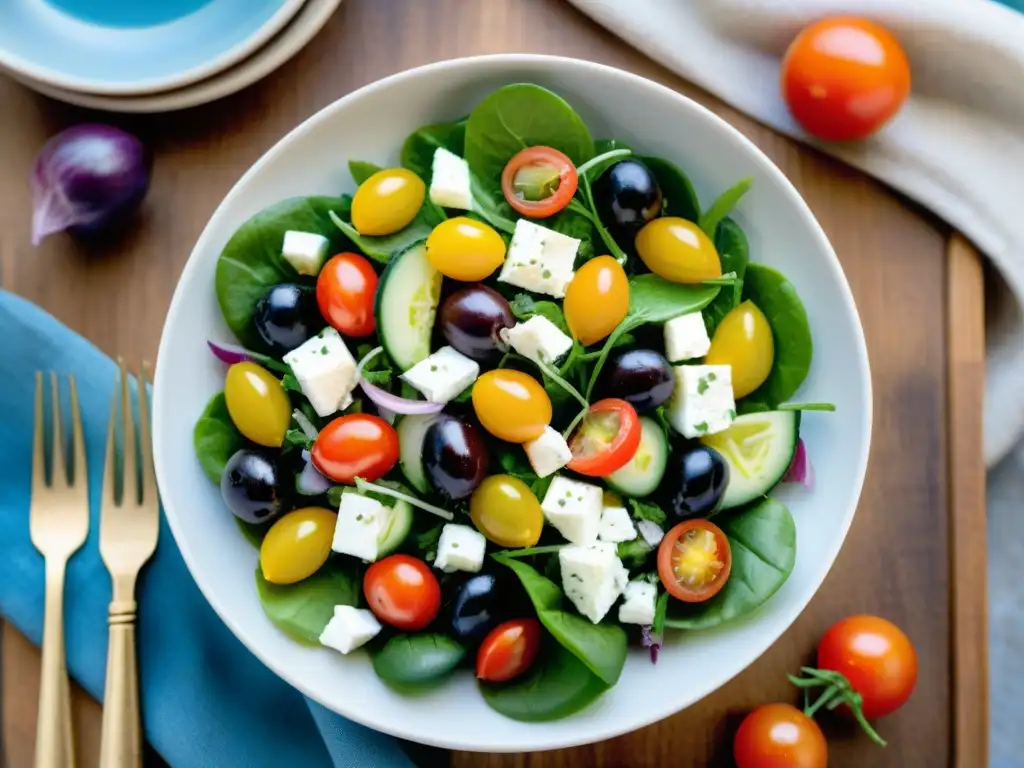 Una deliciosa Ensalada Griega receta fácil con tomates, pepino, queso feta, aceitunas y aceite de oliva, en un escenario Mediterráneo