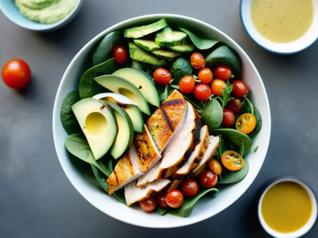 Una deliciosa ensalada llena de color y frescura, con ingredientes vibrantes y aderezo de kombucha