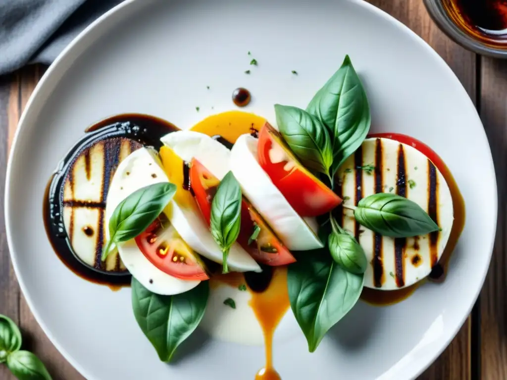 Deliciosa ensalada vegana caprese con vinagre balsámico vegano en plato blanco sobre fondo de madera