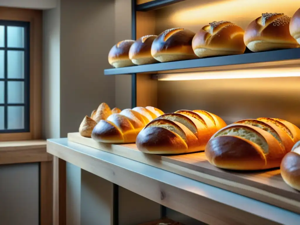 Una deliciosa escena de panadería artesanal con panes y pasteles gourmet, bañados por la cálida luz matutina