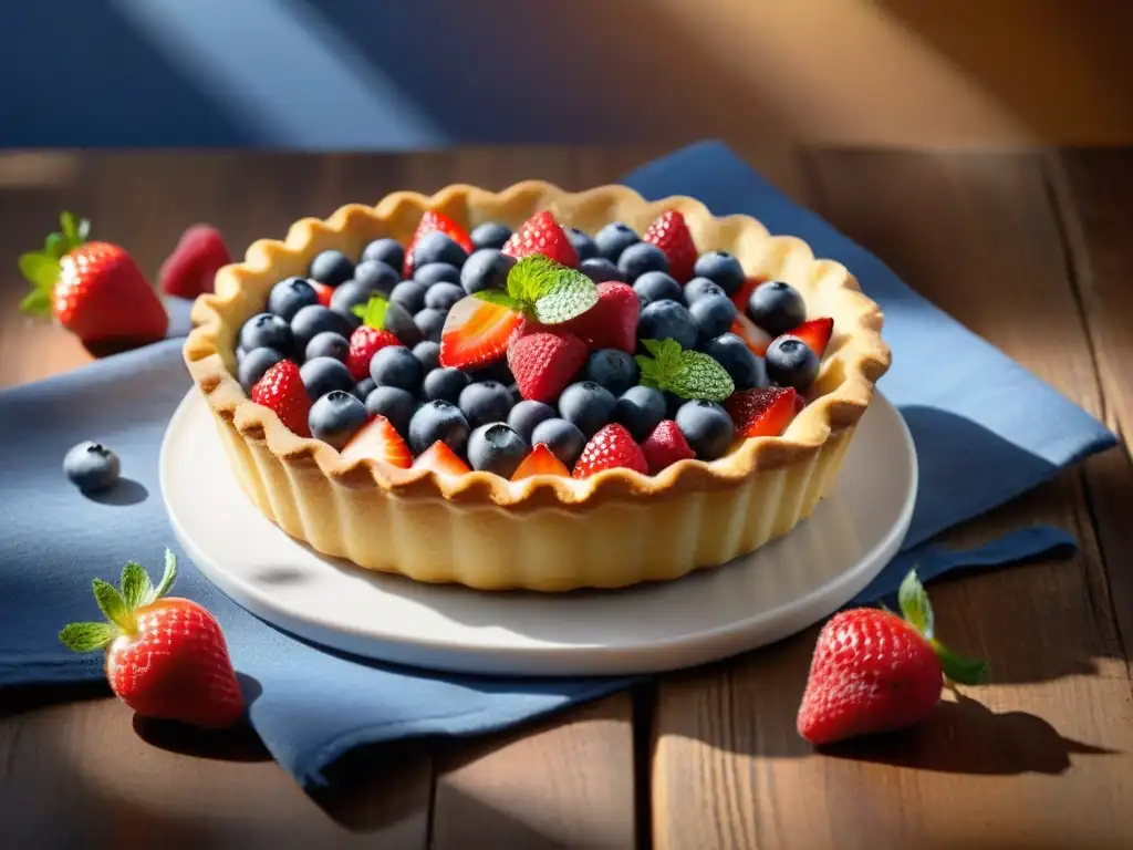 Una deliciosa Tarte Tropézienne en un escenario veraniego francés, rodeada de frutas vibrantes y bañada por la luz del sol