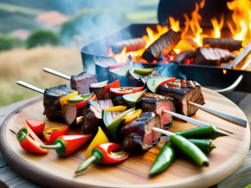 Deliciosa espetada Madeirense en una barbacoa Portuguesa, con carne jugosa y vegetales en brochetas, en un entorno campestre