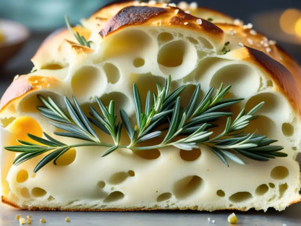 Deliciosa focaccia con corteza crujiente, miga aireada y aromático romero