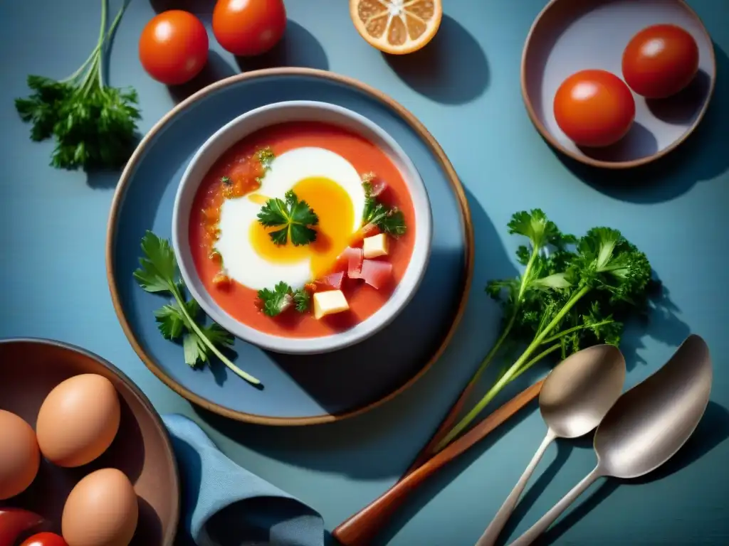 Deliciosa sopa fría salmorejo receta gourmet con jamón, huevo y aceite de oliva en mesa de madera rústica