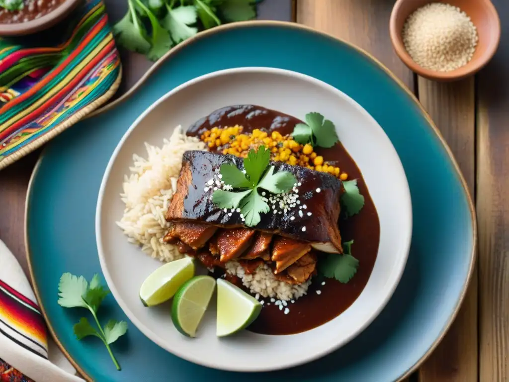 Una deliciosa fotografía gastronómica que captura la cultura y tradición mexicana en un exquisito plato de mole con pollo