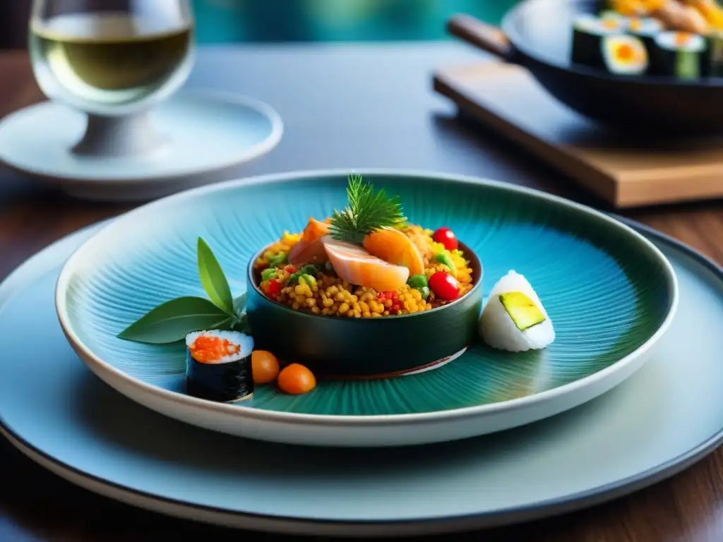 Una deliciosa fusión gourmet mundial de paella y sushi en un plato moderno y colorido