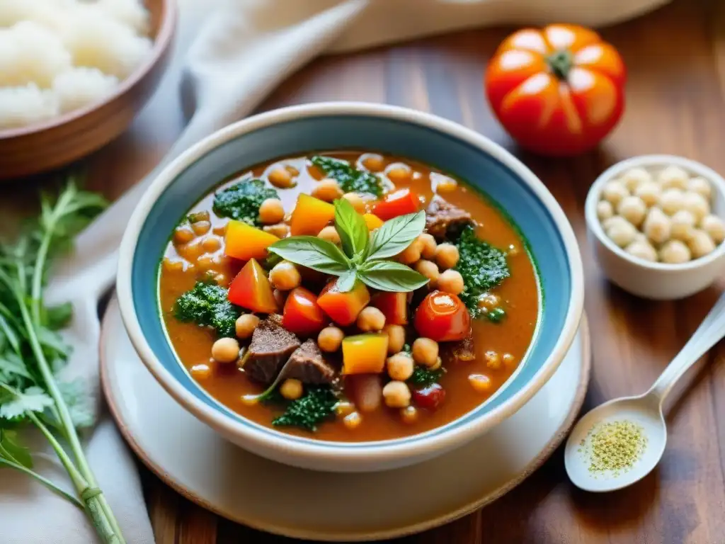 Deliciosa sopa mediterránea Chorba gourmet con tomates rojos, hierbas frescas, garbanzos y cordero, presentada en un tazón de cerámica