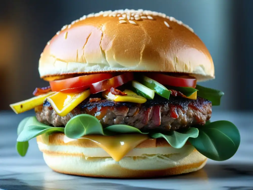 Deliciosa hamburguesa gourmet con jugosa carne, queso derretido, tocino crujiente y acompañada de crujientes papas fritas